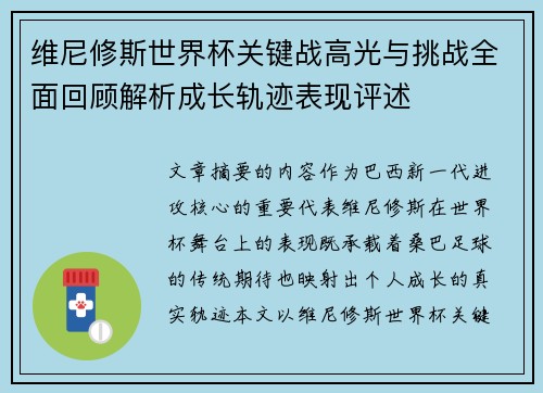 维尼修斯世界杯关键战高光与挑战全面回顾解析成长轨迹表现评述